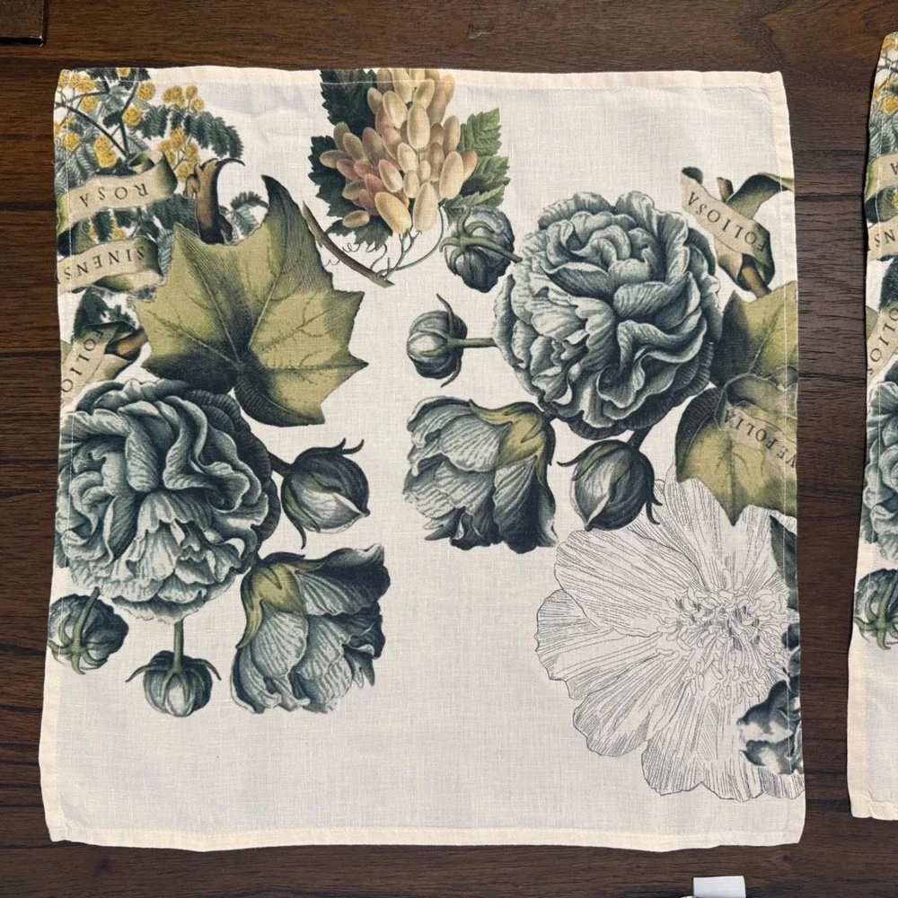 Garnier-Thiebaut Set of 4 French Linen Napkins Floral Botanical Green Blue 17.5